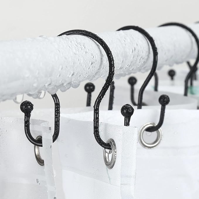 Goowin Shower Curtain Hooks, 12 Pcs Shower Curtain Rings, Stainless Steel Shower Curtain Hangers, Black Shower Curtain Hooks Rings Rust Proof, Minimalist Shower Hooks for Shower Curtain, Black