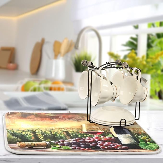 Grapes Wine Glass Bottle Dish Drying Mat for Kitchen Counter Absorbent Microfiber Drying Pad, Medium 16x18 in