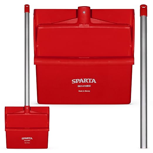 SPARTA Upright Dustpan with Aluminum Handle, Serrated Edge for Broom Combing, Secure Yoke Lock with Easy Storage Hanging Hole for Commercial Cleaning, Plastic, 30 Inches, Red