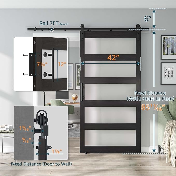 42'' x 84'' Glass Barn Door and 7 Ft Hardware Kit Included, MDF White Barn Door Slab with Frosted Glass, PVC Surface, Combined with Handle and Floor Guide-Assembly Required, Dark Grey