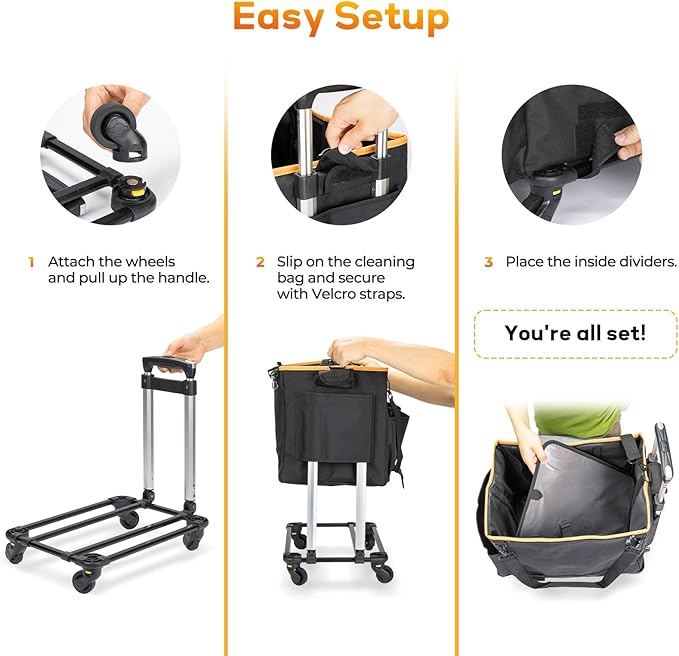 YMU Large Rolling Cleaning Caddy Bag With Detachable Trolley, 4 in 1 Portable Cart for Housekeeping With Swivel Caster & Shoulder Strap, Waterproof Supplies Organizer