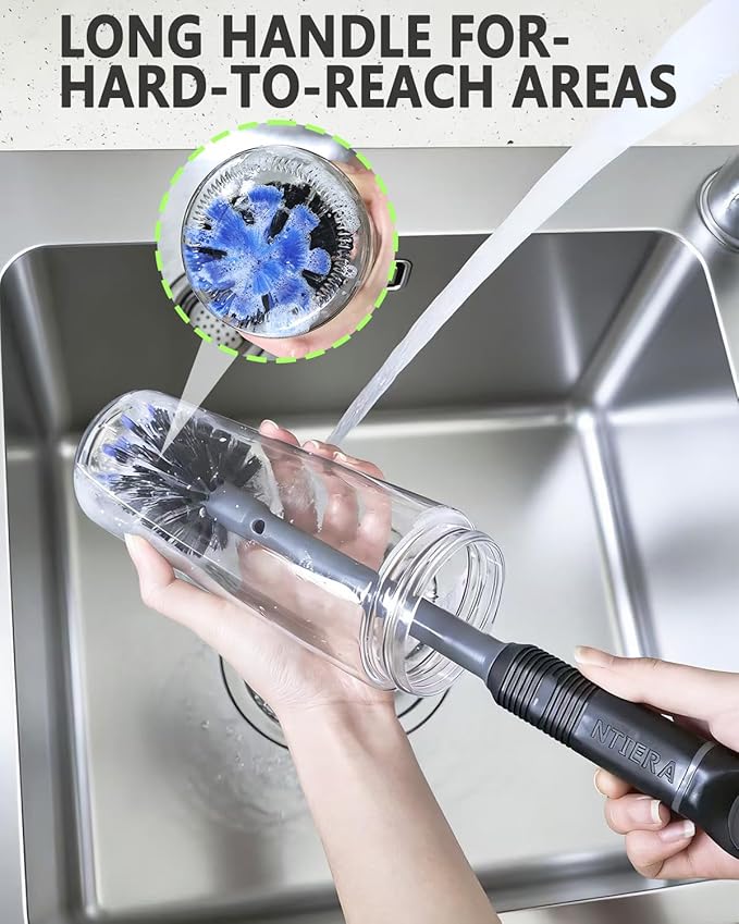 2-in-1 Bottle Brush Cleaner Kit Set,Long Water Bottle Cleaning Brushes,Hidden Straw Brush in Handle,BPA-Free Dishwasher-Safe,for Stanley & Owala Water Bottle,Baby Bottles Cup(Grey)