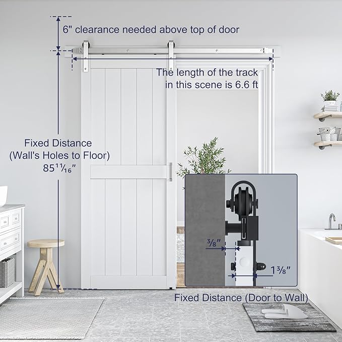 SmartStandard 34 x 84 inch White Sliding MDF Barn Door with 6FT Brushed Nickel Sliding Door Hardware Kit & Handle, Pre-Drilled Ready to Assemble, Waterproof PVC Coating, H-Frame