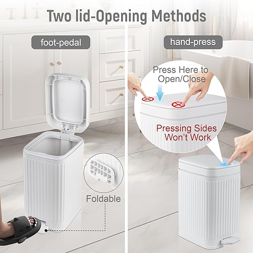 rejomiik Small Bathroom Trash Can with Lid 1.9 Gallon Step Trash Can Slim Garbage Can with Soft-Close Waste Bin for Bathroom, Bedroom, Office, Dorm, RV, White