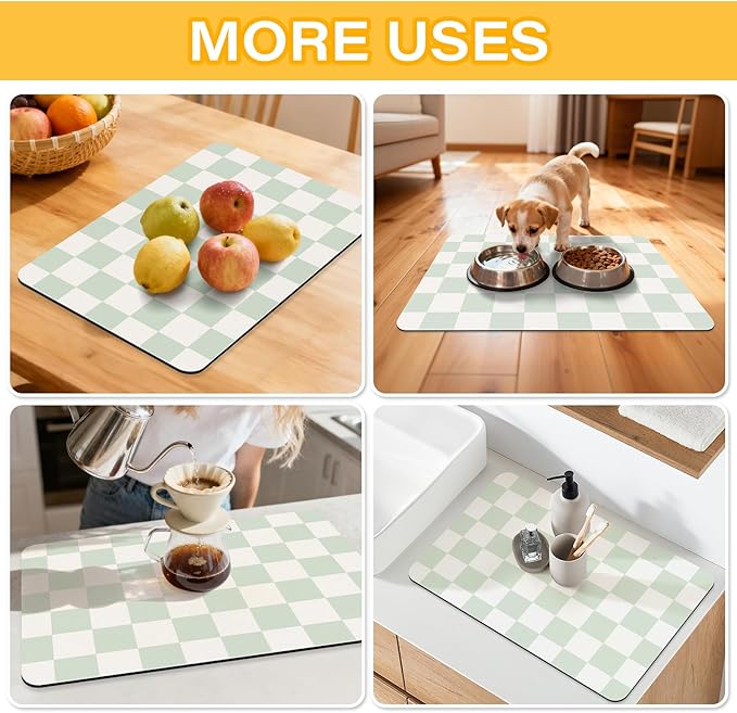 Checkered Dish Drying Mat （Green，24" x 16"） for Kitchen Counter Coffee Mat Bar Accessories,Fit Uder Pot, Dish Rack,Hide Stain,Absorbent Easy Clean
