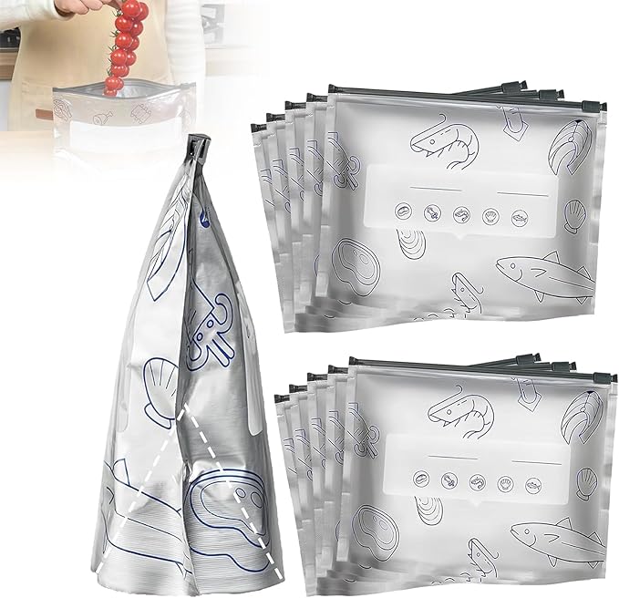 Reusable Aluminum Foil Sealable Storage Bags, 2025 New Resealable Vacuum Zipper Pouches for Food, Stand Up Foil Sealable Bags with Label and Zip Lock for Vegetable Fruit Meat (30PCS, Large)