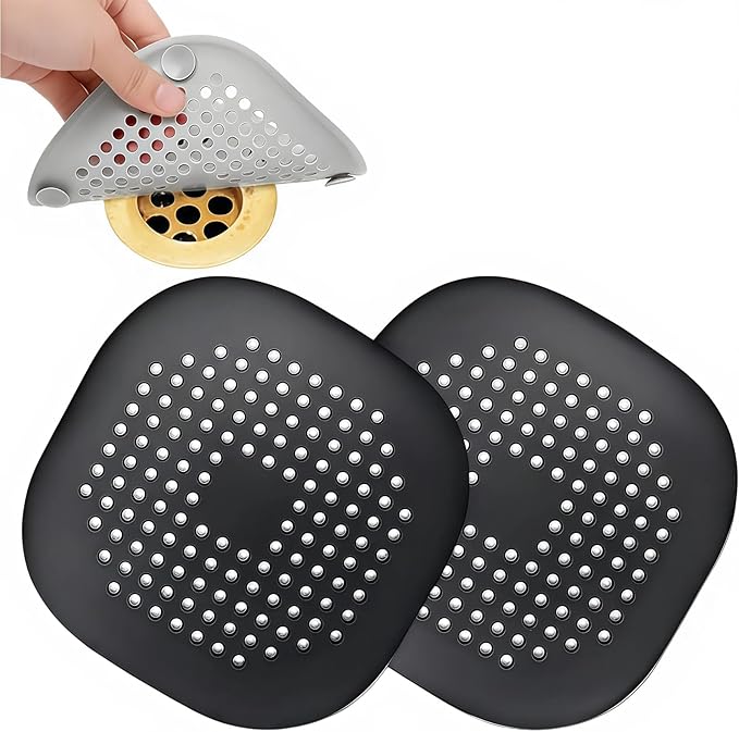 Silicone Shower Drain Hair Catcher 2 Pack, Anti-Clog Drain Cover with Suction Cups, Square Hair Strainer for Bathtub, Shower and Kitchen Sink, Easy Clean Drain Protector（Black）