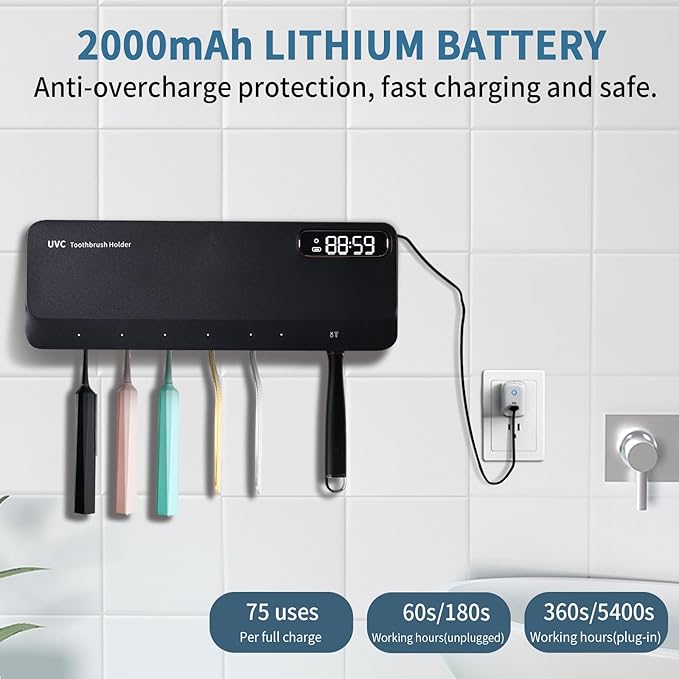 ZOZOO UV Toothbrush Sanitizeri Holder with 99.9% Cleaning,Air Dry,Heating,5+1+1 Slots,12 Hour Memory,Rechargeable Wall Mounted Strong Adhesive Toothbrush Holder with Cover for Bathroom(Black)