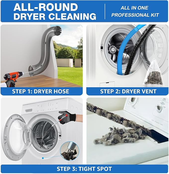 22-Piece 60-Feet Dryer Vent Cleaner Kit, Dryer Vent Cleaning Kit Lint Remover with Dryer Vent Brush, Vacuum Hose Attachment Cleaning Tools, Flexible Lint Trap Brush, Vacuum & Dryer Adapters