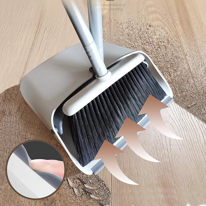 Broom and Dustpan Set, JEHONN Long Handle Lightweight Broom Set Upright Standing Dustpan Stand Up Store Sweep Set for Home Room Kitchen Office Lobby