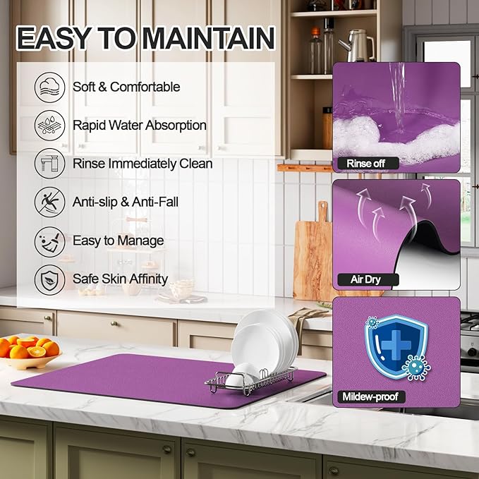 Dish Drying Mat for Kitchen Counter | Coffee Bar Mat for Countertops | Heat Resistant Drainer Mat with Non-slip Rubber Backed | Hide Stain Kitchen Absorbent Draining Mat | Purple 16"x20"