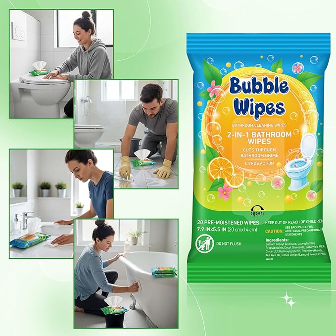 10 Pack Bathroom Cleaning Wipes – 200 Count Citrus Scented 2-in-1 Cleaner bubble Wipes for Bathroom Toilet, Sink, Tile & Shower – Reusable Sealable Pouch, No Scrubbing Needed