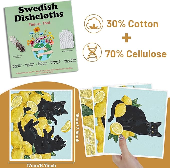 Swedish Dishcloths for Kitchen, 6 Pack Lemon and Balck Cat Reusable Dish Paper Hand Towels Housewarming Gifts, Summer Absorbent Dish Rags for Home Cooking Cleaning