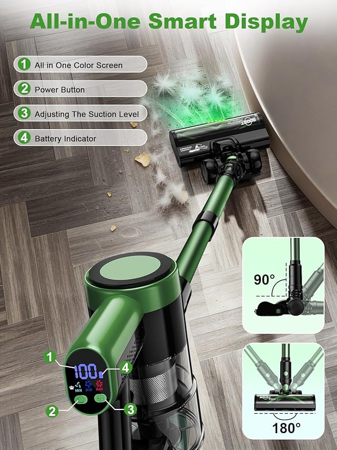 Cordless Vacuum Cleaner, 58Kpa Vacuum Cleaners for Home, 55Mins Stick Vacuum with Self-Standing & LED Display, Anti-Tangle & Wall Mount Charging (Green)
