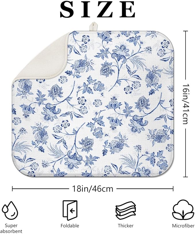 Blue Floral Dish Drying Mat for Kitchen Counter, French Farmhouse Style Microfiber Drying Rug, Washable and Absorbent Kitchen Countertop Dish Drainer, 16x18 Inch
