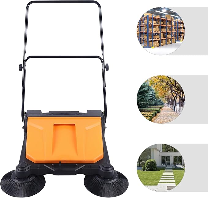 Walk Behind Outdoor Push Sweeper, 26 Inch 15L Walk-Behind Outdoor and Indoor Push Carpet Sweeper with Dual Side Broom Fold-Flat Manual Industrial Push Cleaner for Street Garden Warehouse
