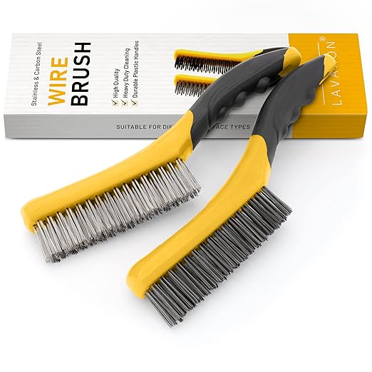 Wire Brush Set-Heavy Duty Stainless & Carbon Steel Bristles with Plastic Handle Grip for Rust, Wielding Slag, Dirt & Paint Scrubbing with Deep Cleaning – 10 Inches (Pack of 2-Yellow)