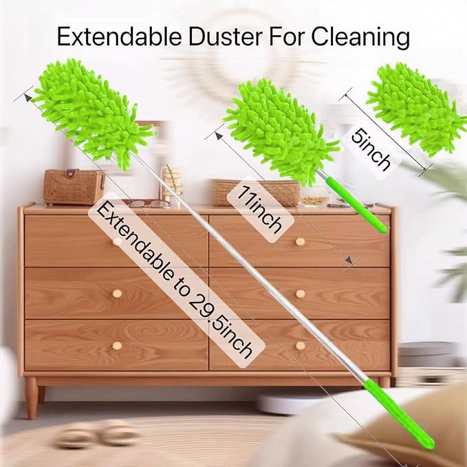 Microfiber Duster for Cleaning,6 Pcs Hand Washable Dusters with 11" to 29.5" Reachable Pole,Small Dusters for Cleaning Office Car Computer Furniture Sofa Ceiling Fan (Green)