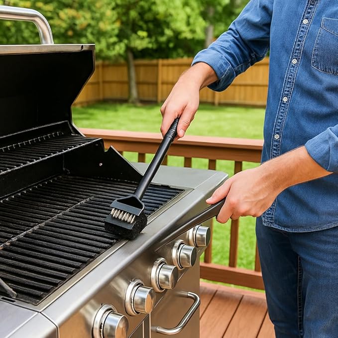 3-in-1 Grill Brush with Scraper, Wire Bristles & Scouring Pad – 18” BBQ Cleaner Tool with Long Handle – Heavy-Duty Grill Cleaning Brush for Barbecue, Gas & Charcoal Grills