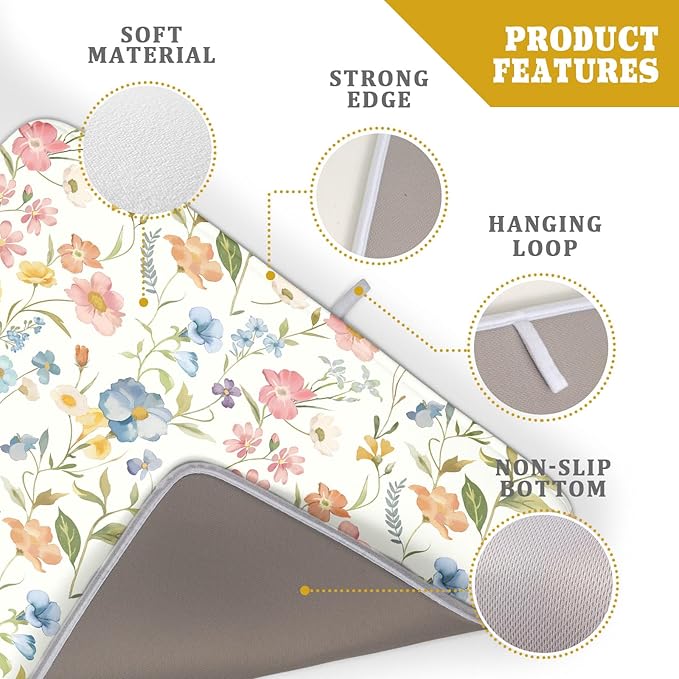 Khope Spring Dish Drying Mat for Kitchen Counter 18x24 Inch Summer Colorful Floral Reusable Washable Drying Pad Countertop Home Decor
