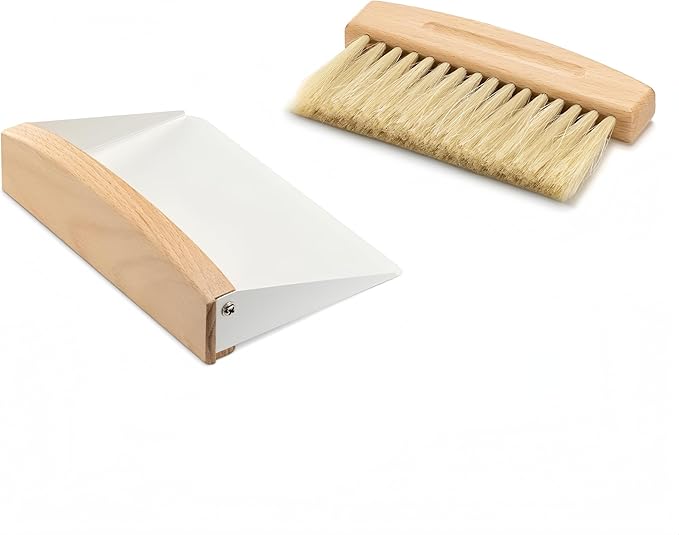Mini Metal Dustpan and Brush Set for Sweeping Crumbs Fireplace, Natural Table Sweeper Combo (White)