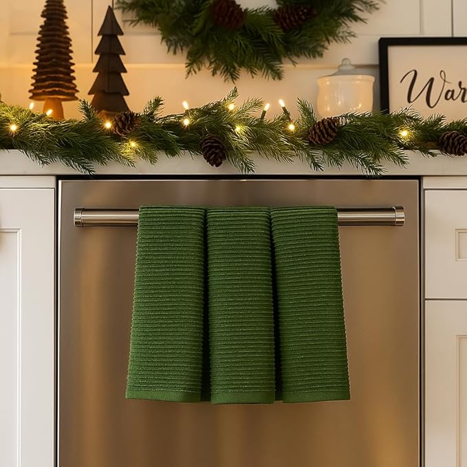 Serafina Home Avocado Forest Green Kitchen Hand Dish Towels: Oversized 28" x 18",100% Cotton Cloth Soft Cleaning Drying Absorbent Ribbed Design, Set of 3 Multipurpose for Everyday Use (Moss Green)