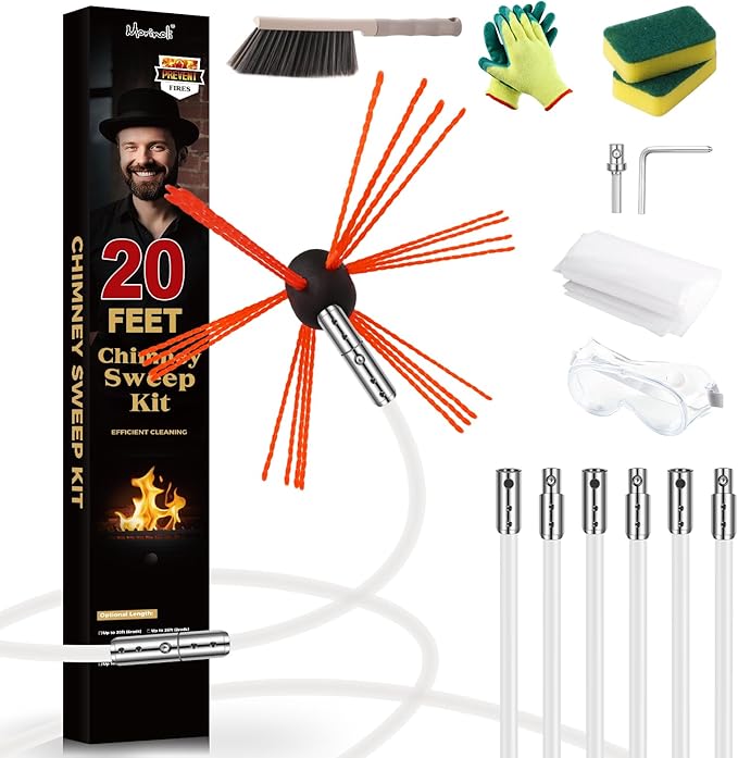 20 Feet Chimney Sweep Kit, Chrome Button Locking System, Chimney Cleaning Kit, Chimney Brush, Chimney Cleaning Tool, Chimney Cleaning System with 6 Flexible Chimney Rods