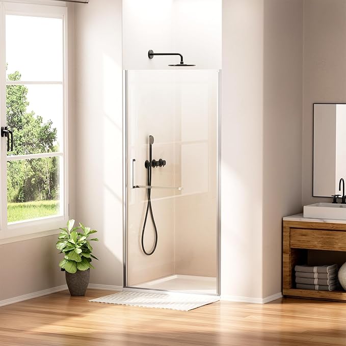 WinZo 35-36" W ×72" H Frameless Pivot Shower Door, Pivot Swing Shower Glass Doors with 1/4"(6mm) SGCC Clear Tempered Glass,Explosion-Proof Film, Reversible Installation, Brushed Nickel