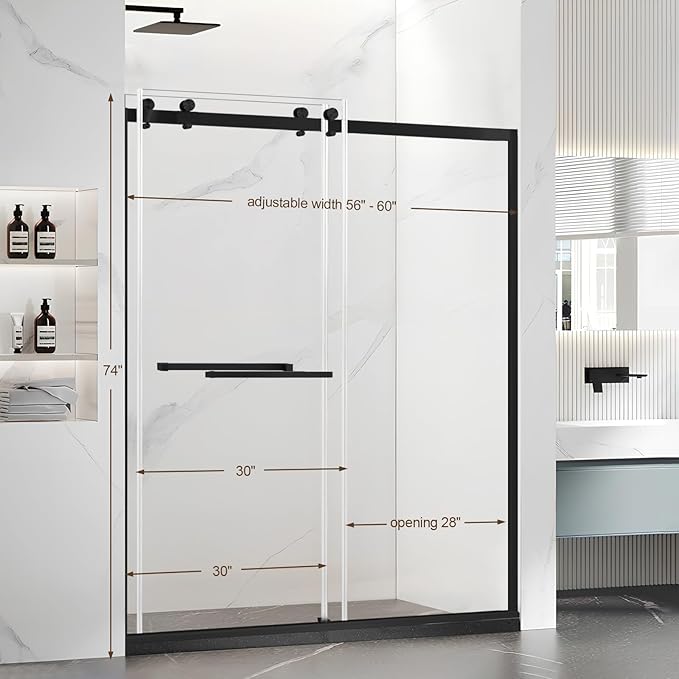 Paris Shower Door,60" W x 74" H Double Sliding Shower Door with 5/16"(8mm) Clear SGCC Tempered Glass,Bathroom Shower Door with 18 inch Pull Handle, Stainless Steel Hardware Matte Black