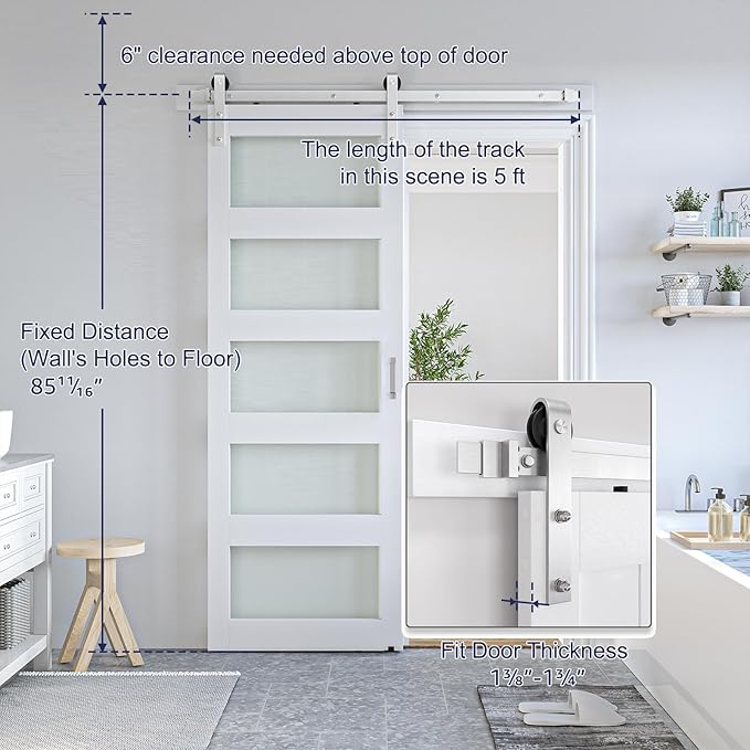 SmartStandard 30 x 84 inch Glass Barn Door with 5FT Brushed Nickel Sliding Hardware Kit & Handle, Pre-Drilled Ready to Assemble, Waterproof PVC Coating, White, 5-Panel Glass