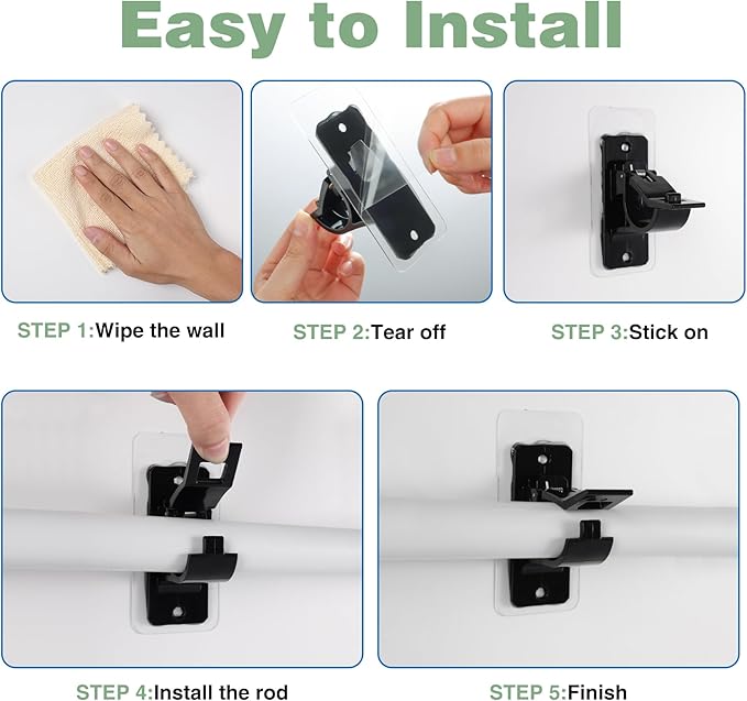 6 Pack Self Adhesive Rod Brackets, No Drill Needed Curtain Rod Holders, Nail Free Stick on Curtain Rod Hooks, Curtain Hangers for Bathroom, Bedroom, Livingroom, Hold up to 20lbs on Smooth Surface
