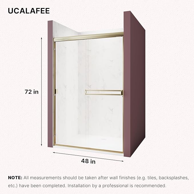 Shower Door 44-48 in. W x 72 in. H, UCALAFEE Semi-Frameless Double Sliding Shower Door with 1/4" (6mm) SGCC Clear Tempered Glass, Silent Soft-Close & Anti-Leak Walk-in Shower Door, Brushed Gold