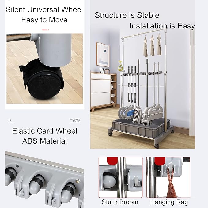 Movable Commercial Mop Rack,Floor Standing Cleaning Tool Cart Storage,Mop and Broom Garden Tool Holder,Housekeeping Cart, Umbrella Stand,Double Deck Stainless Steel Bracket,can Put Wet Mop (Color :