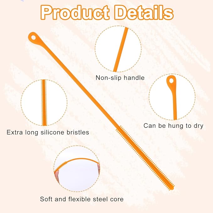 2pcs Silicone Straw Brush, 9.5in Straw Cleaner Brush Extra Long Cleaning Brushes Reusable Travel Drinking Bottle Lid Cleaning Tool for Stanley Metal Glass Straws (Orange)