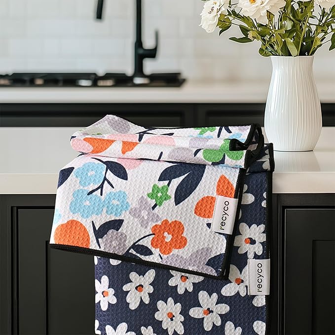RECYCO Waffle Kitchen Towel Set of 2 - Quick Dry Microfiber Sustainable Dish Towels - Ultra Absorbent Reusable Cleaning Tea Towels - Lightweight Hand Towels,16”x 28”, Whimsy Petals