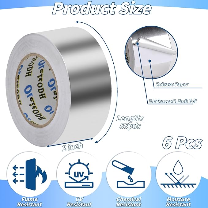 6 Pack Aluminum Foil Tape Bulk - 2 Inch x 55 Yards - 2.7mil Heavy Duty Metal Duct Tape, Aluminum HVAC Tape for Sealing & Patching, Air Ducts, Insulation Metal Repair, Professional Grade