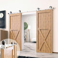 Homacer Brushed Nickel Non-Bypass Sliding Barn Door Hardware Kit, for Two/Double Doors, 5.5ft Long Flat Track, T-Shape Design Roller, Heavy Duty, for Interior & Exterior Use