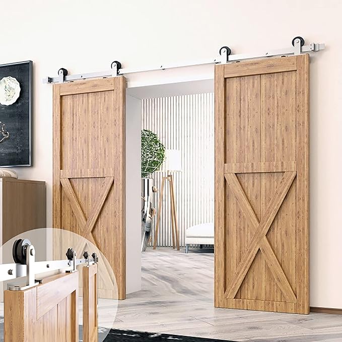 Homacer Brushed Nickel Non-Bypass Sliding Barn Door Hardware Kit, for Two/Double Doors, 4.5ft Long Flat Track, T-Shape Design Roller, Heavy Duty, for Interior & Exterior Use