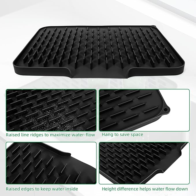 LONGKING Black Non-Slip Dish Drying Mat - Multi-Use Silicone Mat & Dish Drying Rack for Kitchen Counter