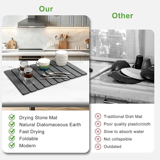 Stone Drying Mat for Kitchen Counter,24"x16" Large Dish Drying Mat,Stone Bath Mat,Quick Drying Fast Absorbent Diatomaceous Drying Matt Kitchen Counter for Dishes Bottles Cups Bathroom Any Countertop