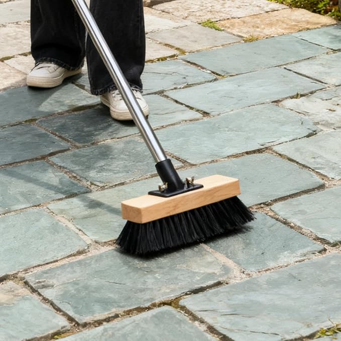 Heavy Duty Adjustable Push Broom with Stiff Bristles, Solid Wood Head Multi-Surface Floor Brush for Bathroom Tile, Pool Deck, Patio Cleaning