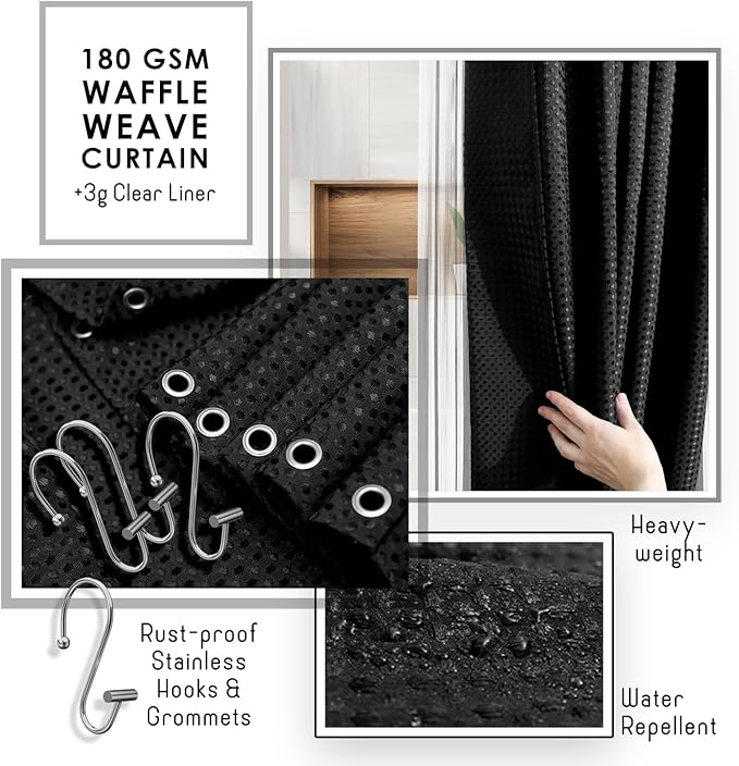 Clara Clark Bathroom Accessories Set - Bathroom Set with Adhesive Corner Shower Caddy Hanging, 25PC Bathroom Accessory Set, Black Shower Curtain Set, Toilet Brush, Trash Can & Soap Dispenser