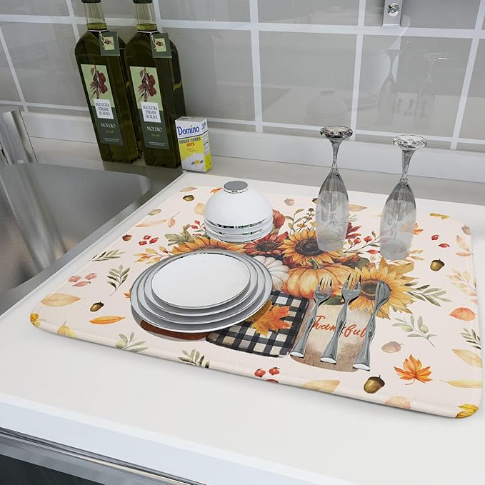 Autumn Sunflowers Vase Dish Drying Mat for Kitchen Counter,Fall Pumpkin Maple Leaves Drying Mat 18 x 24 Inch with High Absorbent Microfiber Dish Drying Drainer Mat for Coffee Bar
