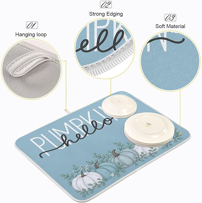Fall Pumpkin Aqua Blue Dish Drying Mat for Kitchen Countertop 18x24 Eucalyptus Leaves Turquoise Autumn Large Drying Mat Reusable Quick Dry Dish Sink Mats Easy Clean Decorative Essentials