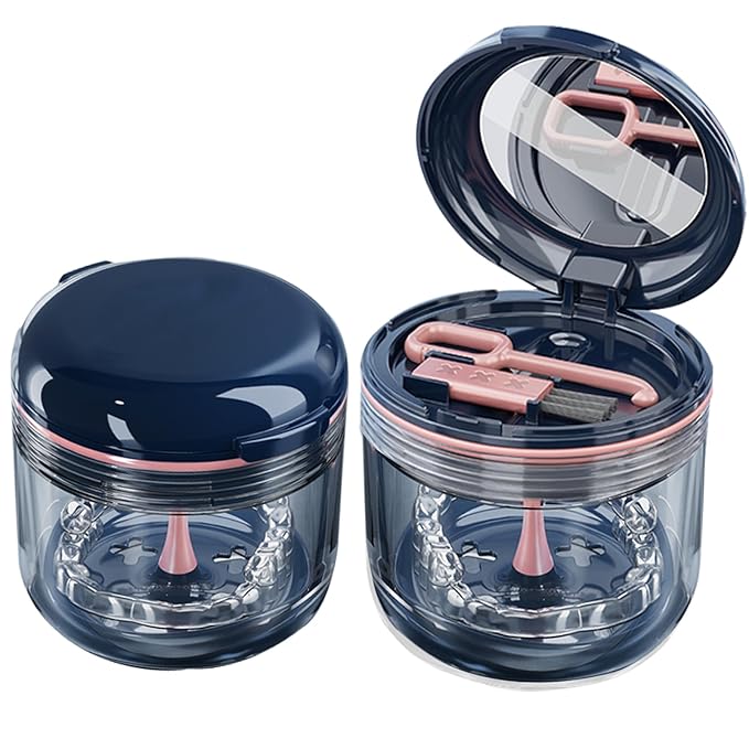 Retainer case, Denture Bath Cup，Retainer Cleaner Case Box,Night Mouth Guard Case Holder,Storage Soak Container with Drain Tray for Travel Cleaning with Mirror and Brush
