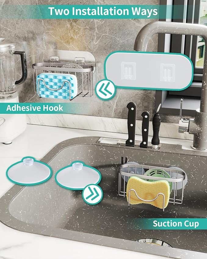 HapiRm Multifunctional Kitchen Sponge Holder with Unique M-Shaped, 2 Installation Ways Sink Caddy, Stainless Steel Kitchen Organizer for Sponge, Brush, Sink Stopper and Scraper -Brushed Nickel