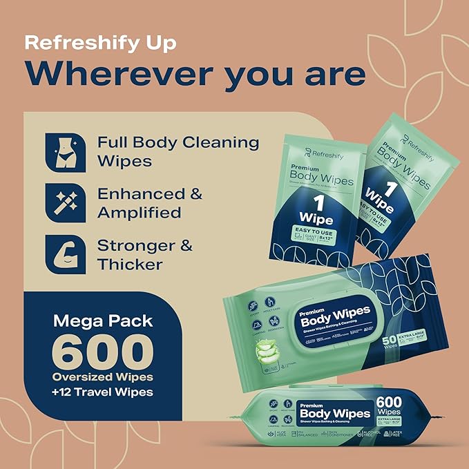 Adult Wipes Extra Large - Shower Body Wipes for Adults 8" x 12" (600 count) + 12 Travel Packs | Adult Wipes for Elderly, Bathing No Rinse, Vitamin E and Aloe, 12 Packs of 50 (Packaging May Vary)