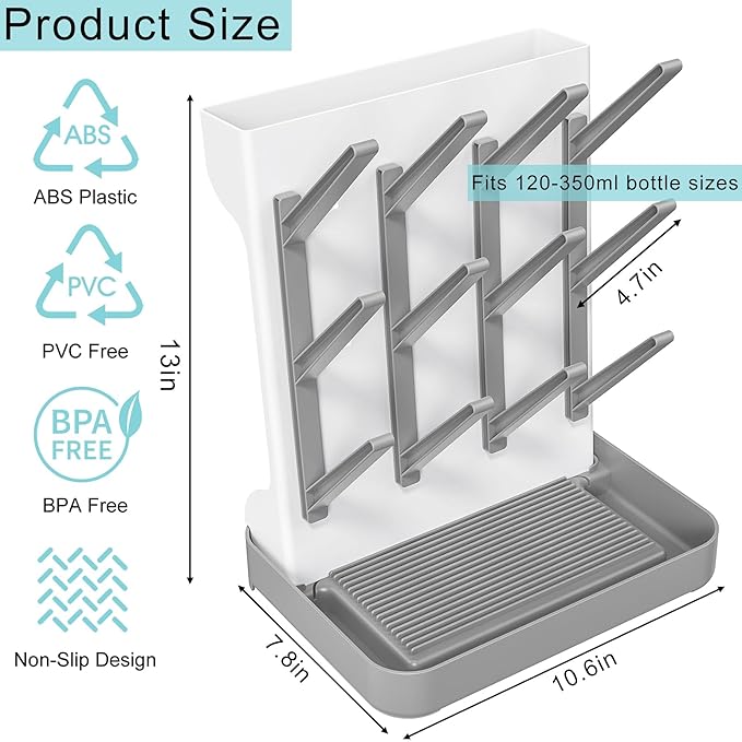 Baby Bottle Drying Rack, Vertical Bottle Rack Dryer Space Saving Bottle Drying Rack Countertop Organizer with Brush Holder for Bottles & Baby Accessories Pacifiers and Pump Part- BPA-Free (Gray)