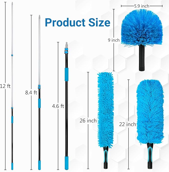 20 Feet High-Reach Cobweb Duster,Spider Web Brush & Ceiling Cleaning Kit with 5-12 feet Extendable Pole Heavy-Duty Duster for High Ceilings, Fan and Corner(Telescopic Iron Rod)