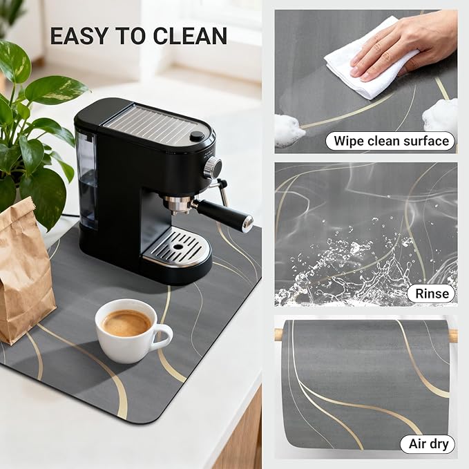 Dish Mat 24x16 Inch, Light Gray Streamline, Absorbent Hide Stain Rubber Backed Dish Drying Mat for Kitchen Counter,Bar Mat for Countertops, Under Coffee Bar Station Maker Machine Pot Espresso Machine